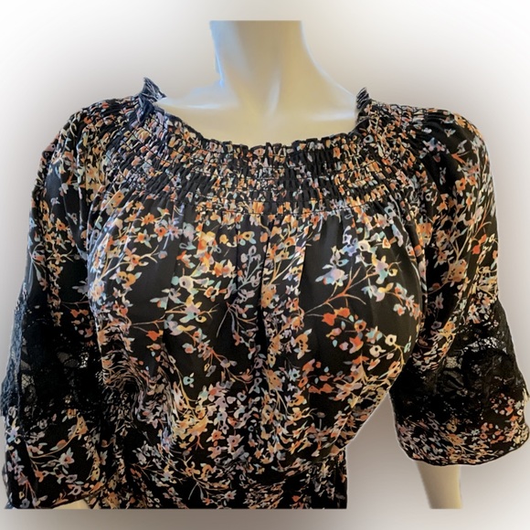 Silky Black Floral Dress, Lace Detail, On/Off Shoulder, 3/4 Sleeves, Sz Med, EUC - Picture 8 of 12
